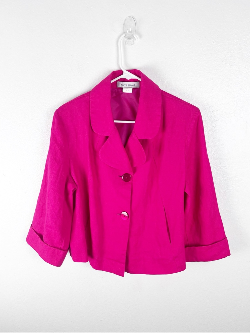 HARVE BENARD 100% Linen Fuchsia Two Button Blazer Jacket Size Large Vibrant Chic